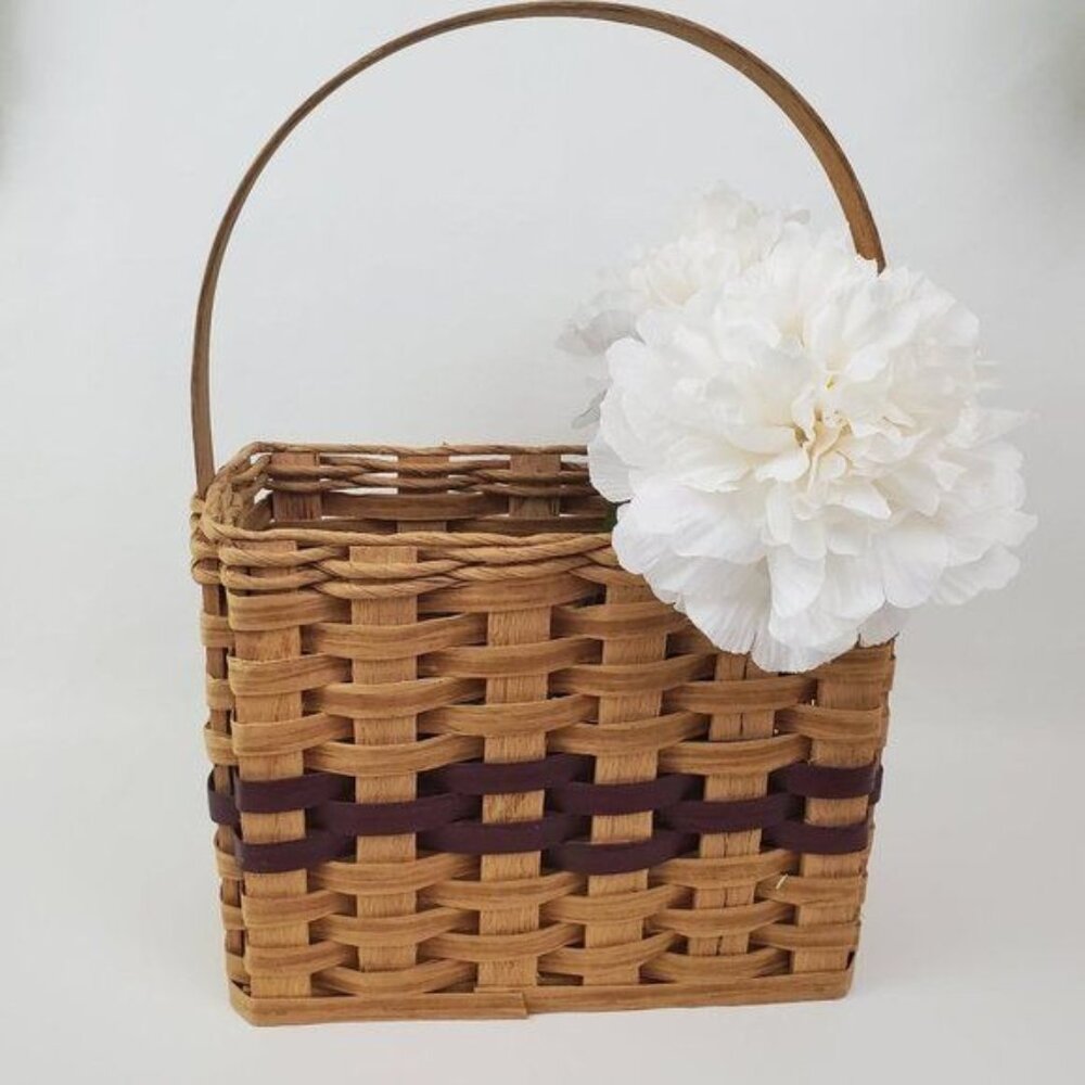 Vintage Wicker Woven Wood Magazine Stripe Basket with Handle